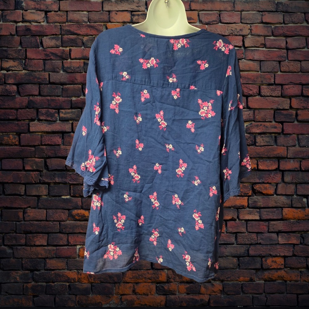 Blair‎ Women's Blue Floral Cotton Blouse 3XL Square Neck Lined Top